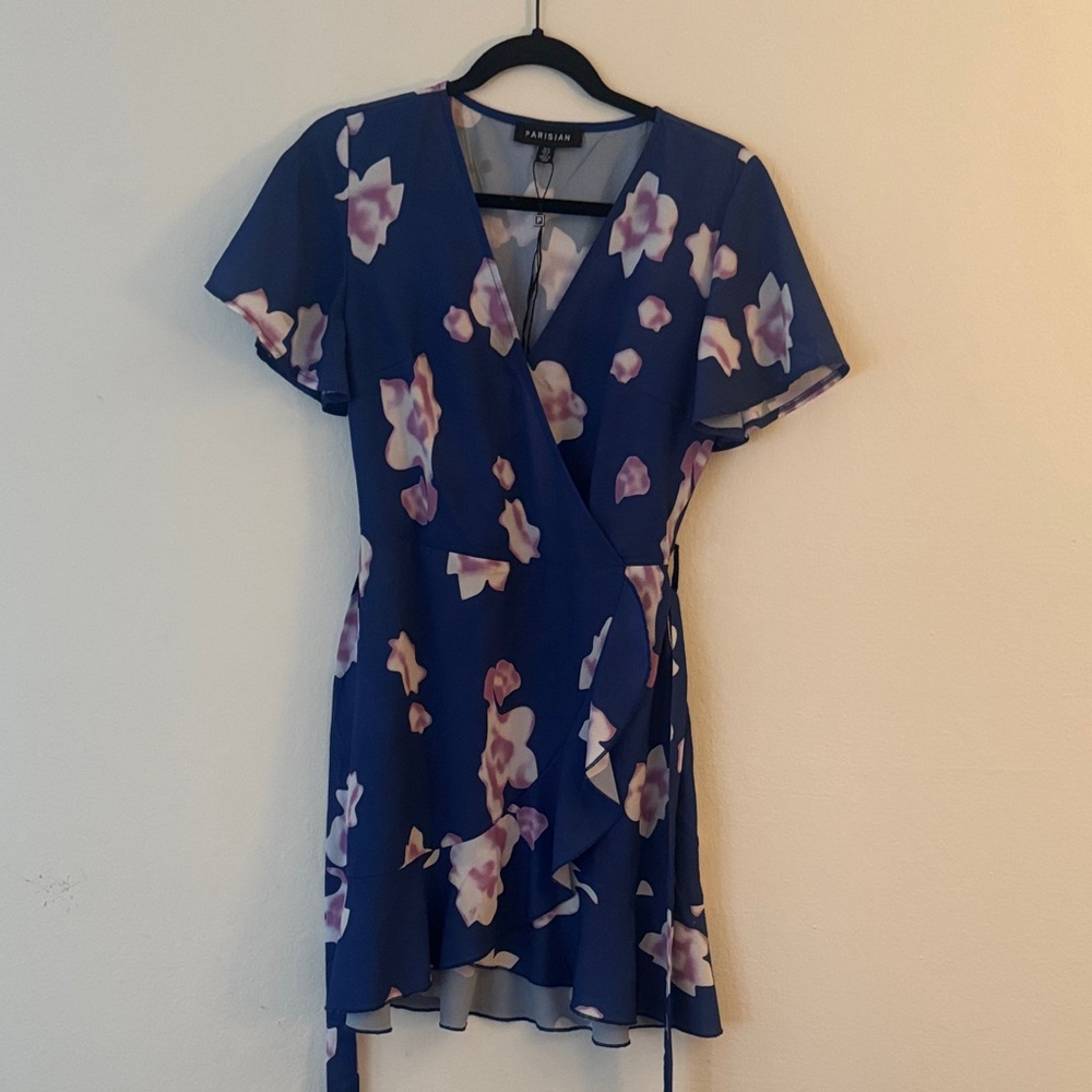 Navy Blue Floral Wrap Dress with Pink Accents